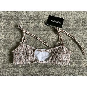 Pretty Little Thing Size 4 Bikini Top Brown Zebra Pattern Smocked Cut Out NWT N4